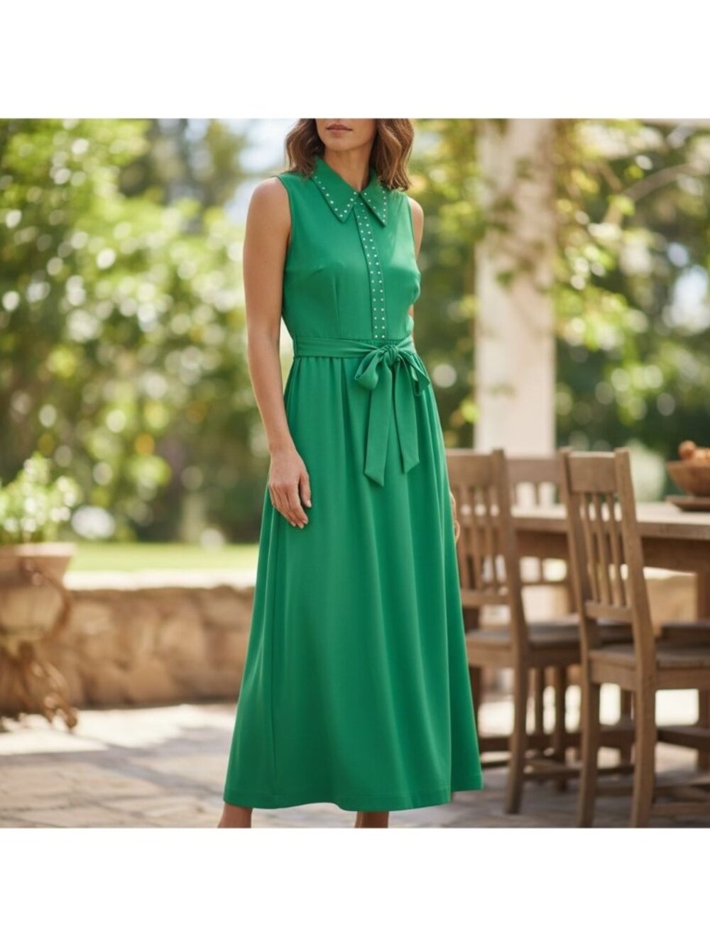 Vintage Womens Green Sleeveless Maxi Dress W/ Studded Collar & Belt - Picture 1 of 16